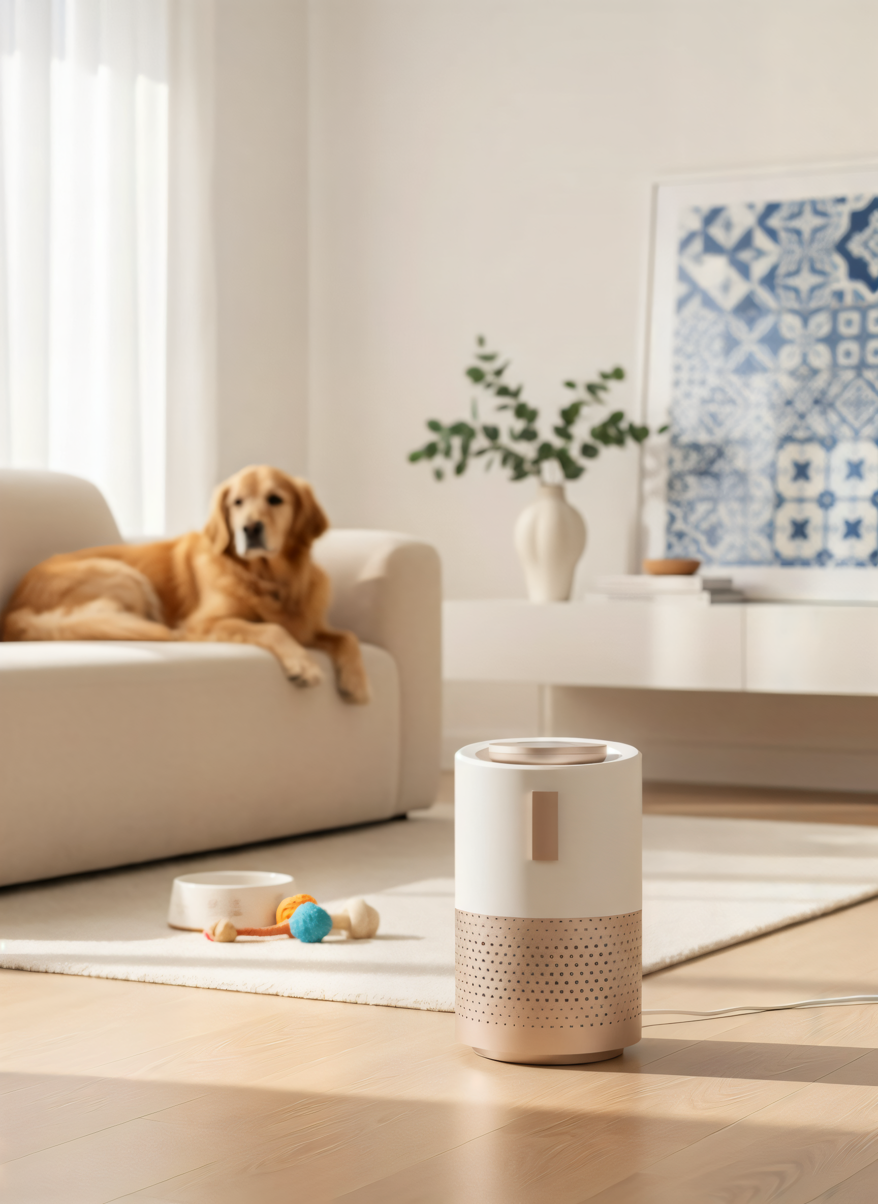 Purificador de ar num ambiente doméstico com animal de estimação